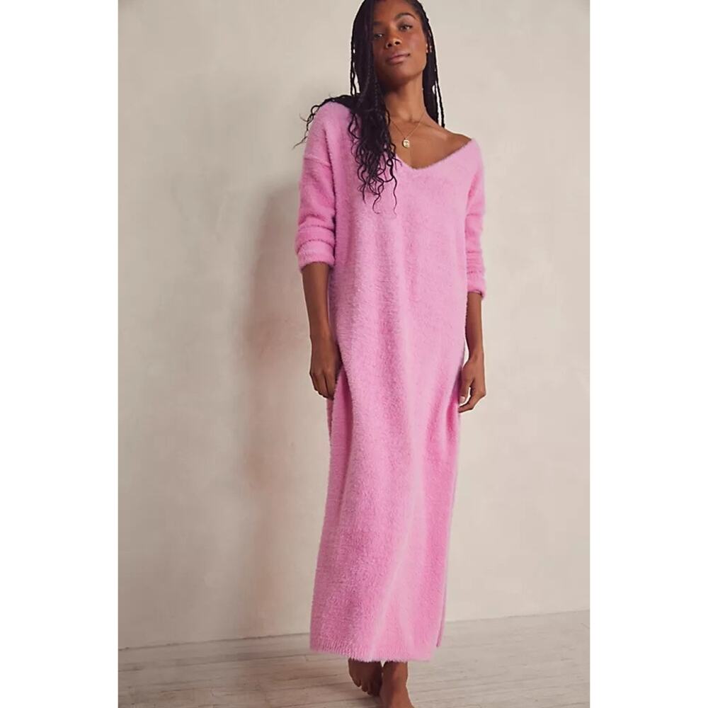 Intimately Free People Pink Fuzzy Girls Night In Maxi Pullover Dress Size Medium
